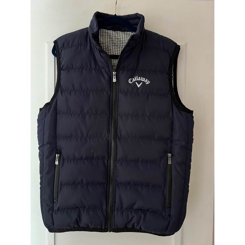 Callaway Mens L Quilted Puffer Golf Vest Navy Blue Gingham Lined Full Zip 46x28